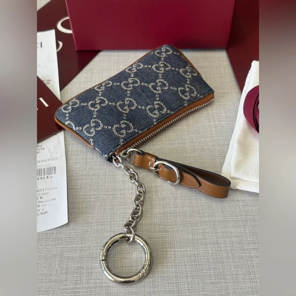 Gucci Blue GG Denim Card Holder with Chain and Wrist Strap